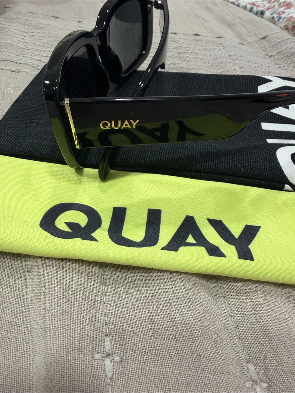 Quay Australia Black Gloss Square Sunglasses with Gold Logo